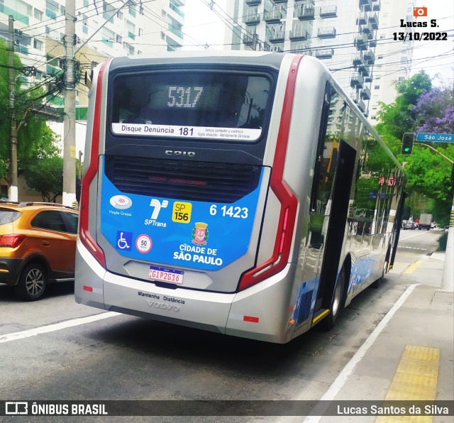 Viação Grajaú S.A. 6 1423 na cidade de São Paulo, São Paulo, Brasil, por Lucas Santos da Silva. ID da foto: 10480004.