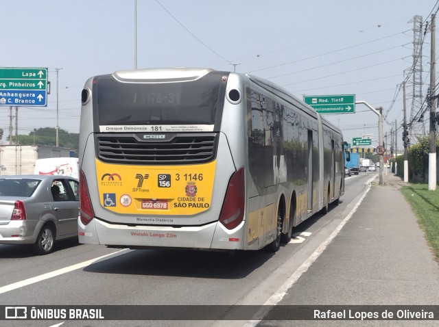 Viação Metrópole Paulista - Zona Leste 3 1146 na cidade de São Paulo, São Paulo, Brasil, por Rafael Lopes de Oliveira. ID da foto: 10516653.