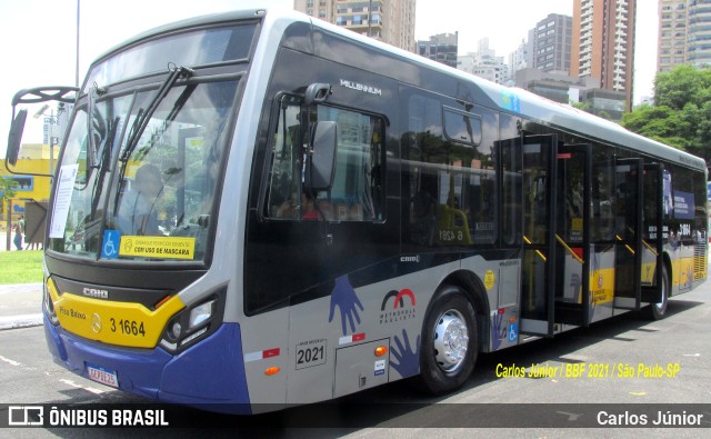 Viação Metrópole Paulista - Zona Leste 3 1664 na cidade de São Paulo, São Paulo, Brasil, por Carlos Júnior. ID da foto: 9778537.