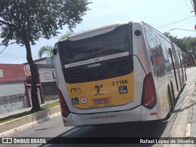 Viação Metrópole Paulista - Zona Leste 3 1166 na cidade de São Paulo, São Paulo, Brasil, por Rafael Lopes de Oliveira. Número da foto: #9809123.