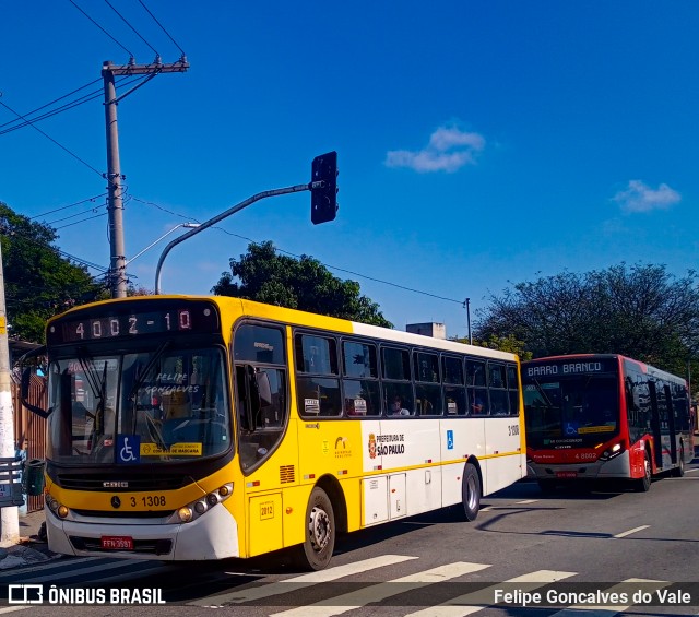 Viação Metrópole Paulista - Zona Leste 3 1308 na cidade de São Paulo, São Paulo, Brasil, por Felipe Goncalves do Vale. Número da foto: #9951582.