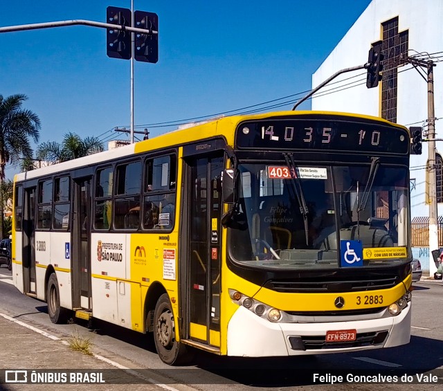 Viação Metrópole Paulista - Zona Leste 3 2883 na cidade de São Paulo, São Paulo, Brasil, por Felipe Goncalves do Vale. Número da foto: #9989716.