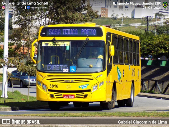 Auto Ônibus Três Irmãos 3816 na cidade de Jundiaí, São Paulo, Brasil, por Gabriel Giacomin de Lima. ID da foto: 10004555.