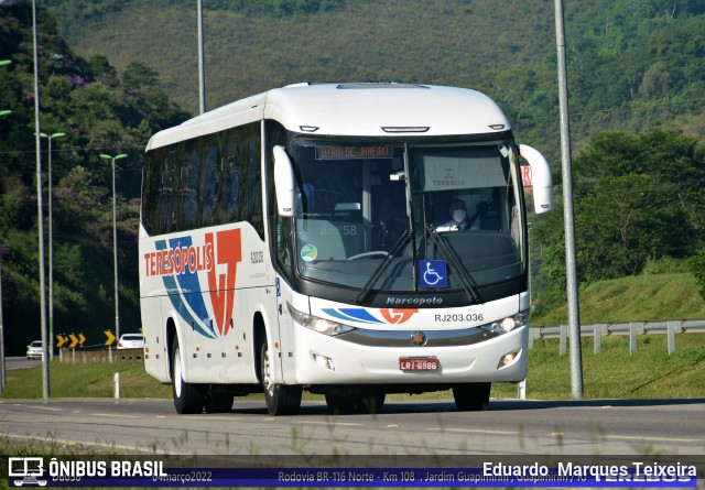 Viação Teresópolis RJ 203.036 na cidade de Guapimirim, Rio de Janeiro, Brasil, por Eduardo  Marques Teixeira. ID da foto: 9973647.