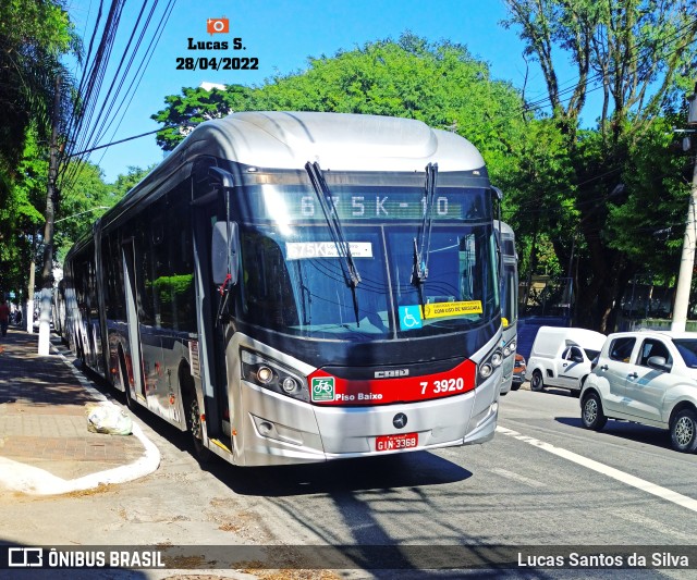 Viação Metrópole Paulista - Zona Sul 7 3920 na cidade de São Paulo, São Paulo, Brasil, por Lucas Santos da Silva. ID da foto: 10112822.