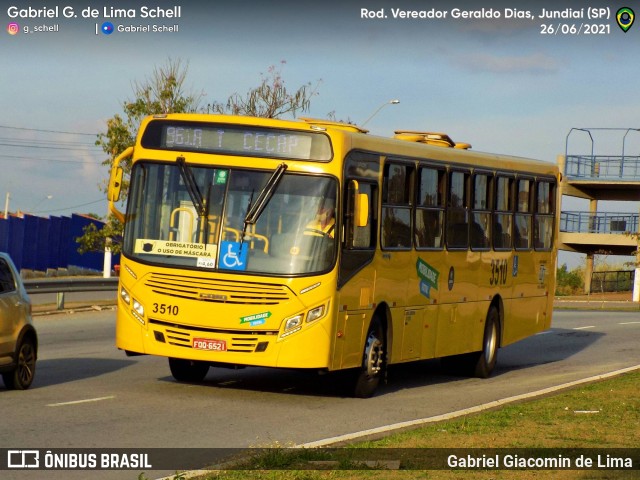 Auto Ônibus Três Irmãos 3510 na cidade de Jundiaí, São Paulo, Brasil, por Gabriel Giacomin de Lima. ID da foto: 10166859.