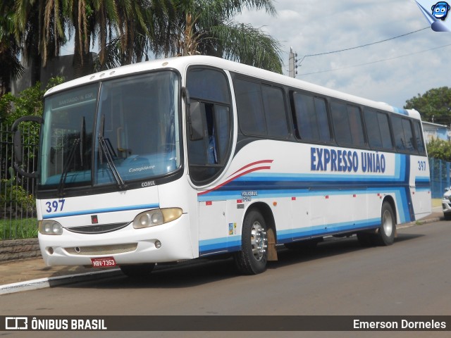 Expresso União Turismo 397 na cidade de Santiago, Rio Grande do Sul, Brasil, por Emerson Dorneles. ID da foto: 10174945.