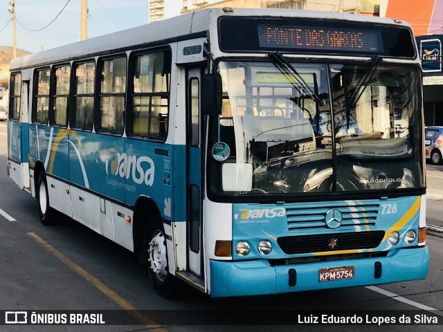 TRANSA - Transa Transporte Coletivo 726 na cidade de Três Rios, Rio de Janeiro, Brasil, por Luiz Eduardo Lopes da Silva. ID da foto: 10151049.