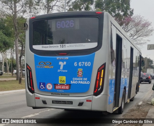 Transwolff Transportes e Turismo 6 6760 na cidade de São Paulo, São Paulo, Brasil, por Diego Cardoso da Silva. Número da foto: #10256002.